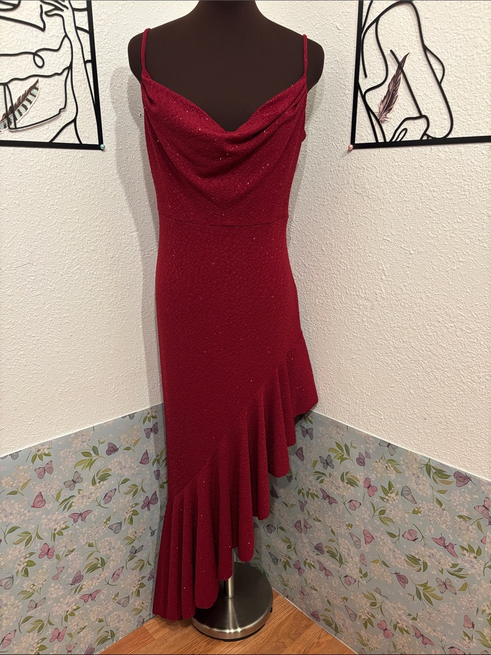 Emerald Sundae sleeveless red glitter cowl neck asymmetric ruffle dress. Size XL